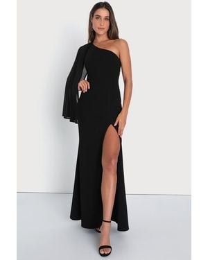 Lulus Majestic Attitude Cape Sleeve One-Shoulder Maxi Dress - Black