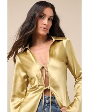 Lulus Coveted Aesthetic Tie-Front Long Sleeve Collared Top - Natural