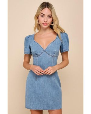 Lulus Dreamy Stroll Medium Wash Short Sleeve Denim Mini Dress - Blue