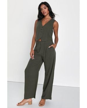 Lulus Suits You Perfectly Linen Wide-Leg Trousers - Green