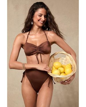 Lulus Keola Shiny Drawstring Bandeau Bikini Top - Brown