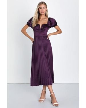 Lulus Flawless Forever Dark Satin Pleated Midi Dress - Purple