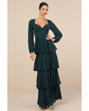 Lulus Flawless Excellence Emerald Tiered Long Sleeve Maxi Dress - Blue