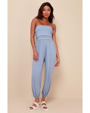 Lulus Flawless Comfort Ruched Strapless Jogger Jumpsuit - Blue