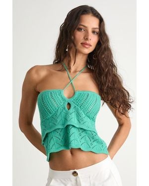 Lulus Linden Crochet Cutout Tiered Halter Top - Green