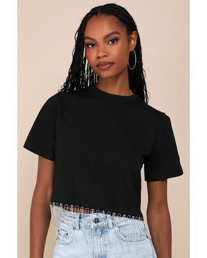 Lulus Let'S Party Rhinestone Fringe Cropped Tee - Black