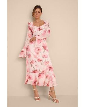 Lulus Rylia And Floral Ruffled Midi Dress - Pink