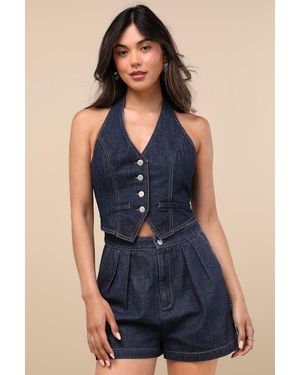 Lulus Jacquette Dark Wash Denim Pleated Halter Vest Romper - Blue