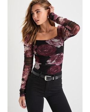 Lulus Flowering Aesthetic Floral Mesh Ruched Square Neck Top - Black