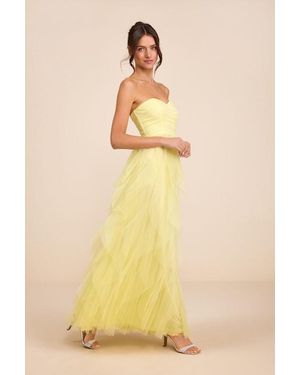 Lulus Delightful Beauty Strapless Ruched Ruffled Maxi Dress - Yellow