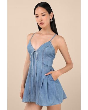 Lulus Everyn Chambray Backless A-Line Romper - Blue