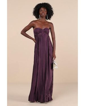 Lulus Whimsical Beauty Dark Satin Plisse Strapless Maxi Dress - Purple