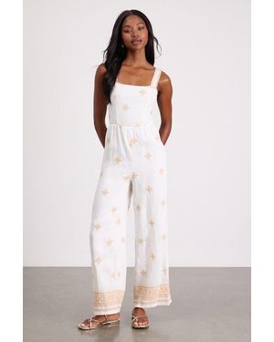 Lulus Arwen Embroidered Wide-Leg Jumpsuit - Natural