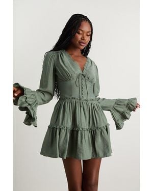 Lulus Ayaana Long Sleeve Tiered Mini Dress - Green