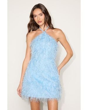 Lulus Colmar Tinsel Fringe Halter Mini Dress - Blue