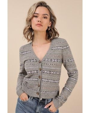 Lulus Toasty Instinct Fair Isle Cardigan - Gray