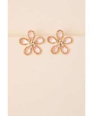 Lulus Geraldine Blush Rhinestone Flower Stud Earrings - Natural