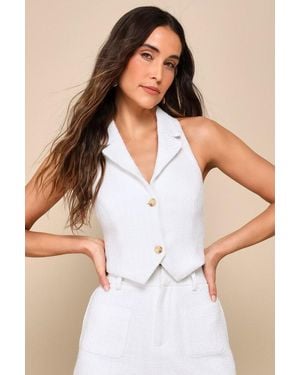 Lulus Looking Posh Tweed Backless Cropped Halter Vest Top - White