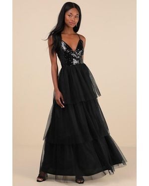 Lulus Maydon Tulle Sequin Tiered Maxi Dress - Black