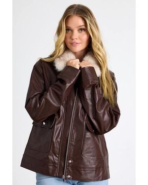 Glamorous Soha Mahogany Vegan Leather Faux Fur Jacket - Brown