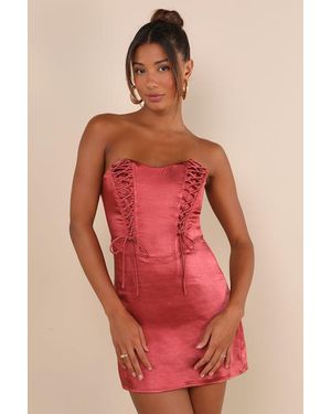 Lulus Enticing Aesthetic Rusty Rose Satin Lace-Up Strapless Mini Dress - Red