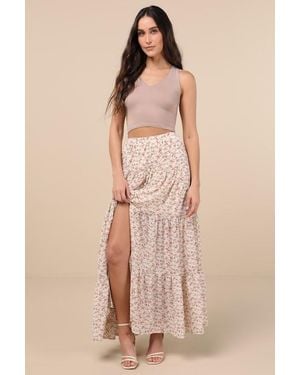 Lulus Subtle Sweetness Cream Floral Print Tiered Maxi Skirt - Natural