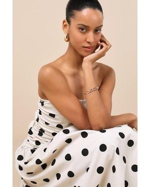 4th & Reckless Brona Cream Polka Dot Ruched Drop Waist Strapless Midi Dress - White