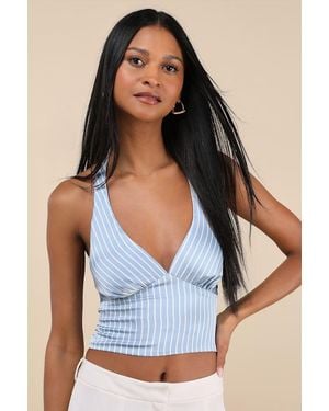 Lulus Damaina Striped Satin Tie-Back Halter Top - Blue