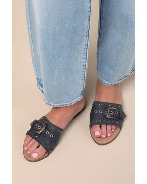 Dingo Lariat Leather Studded Buckle Slide Sandals - Natural