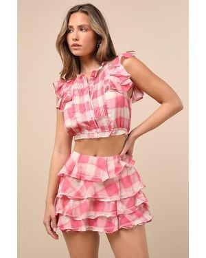 JACQUIE THE LABEL Giada And Plaid Tiered High-Rise Mini Skirt - Pink