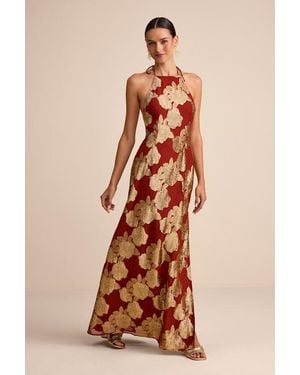 Lulus Brinley Rust And Floral Jacquard Halter Maxi Dress - Orange