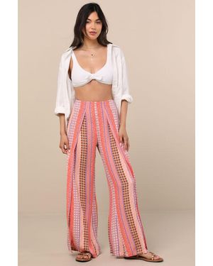 Billabong Split Spirit Multi Boho Print Wide-Leg Slit-Front Trousers - Pink