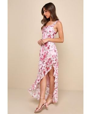 Lulus Lovable Spirit Floral Burnout Ruffled High-Low Maxi Dress - Pink