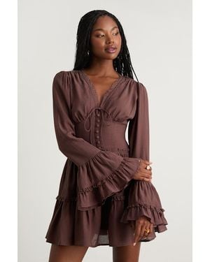 Lulus Ayaana Long Sleeve Tiered Mini Dress - Brown