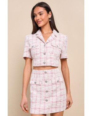 Lulus Posh Influence And Tweed Rhinestone Button-Front Top - Pink