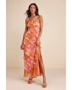 Lulus Zarina Multi Floral Ruffled Maxi Dress - Orange