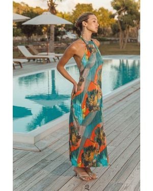 Lulus Luala Multi Print Plisse Backless Maxi Dress - Blue
