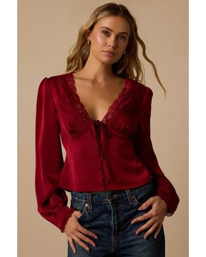 Lulus Finley Satin Long Sleeve Top - Red