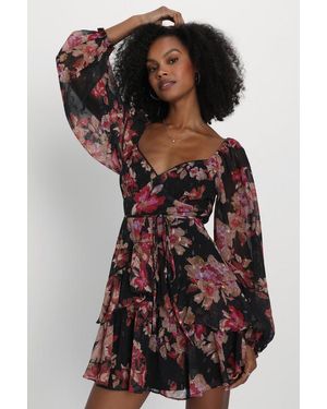 Lulus Dramatically Dreamy Floral Chiffon Tiered Lurex Mini Dress - Black