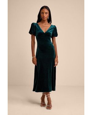 Lulus Obrissa Emerald Velvet Puff Sleeve Tie-Back Midi Dress - Black