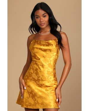 Lulus Close To Your Heart Satin Jacquard Cowl Slip Dress - Yellow