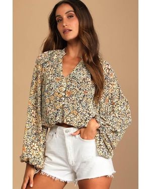 Lulus Season Of Blooms Floral Print Balloon Sleeve Top - Natural
