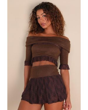 ZEMETA Give Me One Sec Fuzzy Lace Mini Skirt - Brown