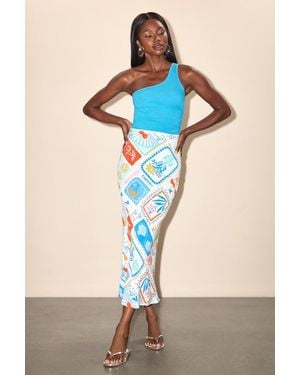 Lulus Iria Multi Postcard Print Midi Skirt - Blue
