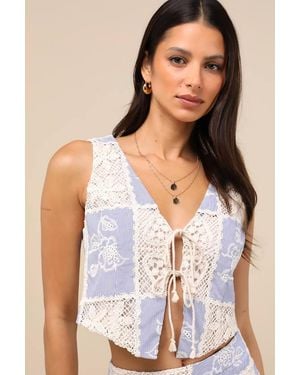 Lulus Elfreda And Cream Crochet Knit Patchwork Tie-Front Top - White