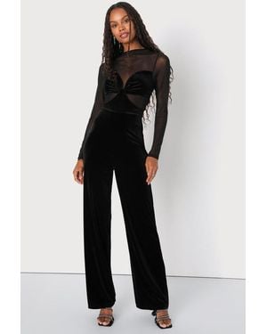 Lulus Edgy Charisma Mesh Velvet Cutout Long Sleeve Jumpsuit - Black