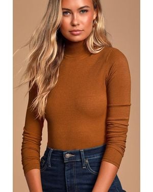 Lulus Basics Wilde Ribbed Long Sleeve Mock Neck Bodysuit - Blue