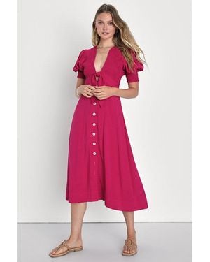 Lulus Featured Cutie Smocked Tie-Front Midi Dress - Pink