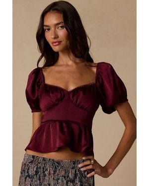 Lulus Romi Satin Puff Sleeve Peplum Top - Red