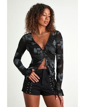 Lulus Glynn Floral Mesh Long Sleeve Top - Black